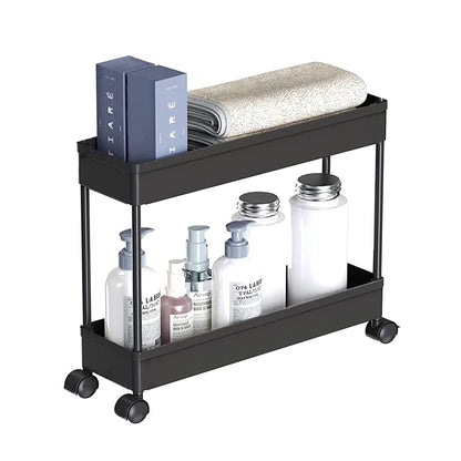 2 Tier Multipurpose Plastic Storage Organizer Slim Rack Shelf with Wheels